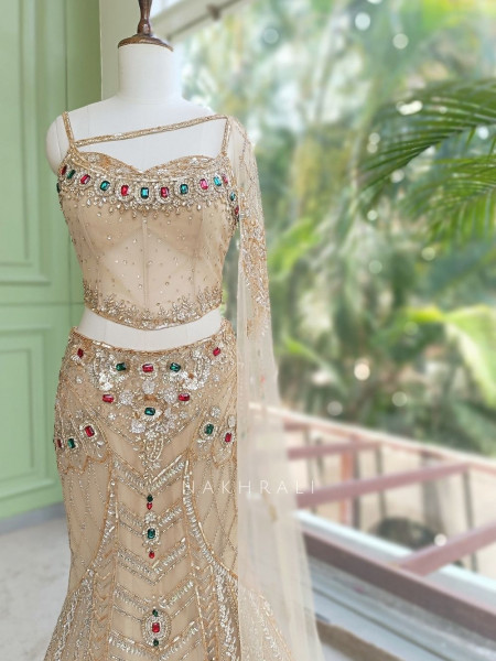 Sunehera Golden Net Mermaid Lehenga Set with Zardozi and Navratan Stone Work