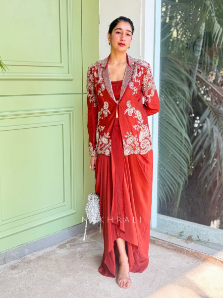 Velira Rust Embroidered Crop Top Skirt Set with Jacket