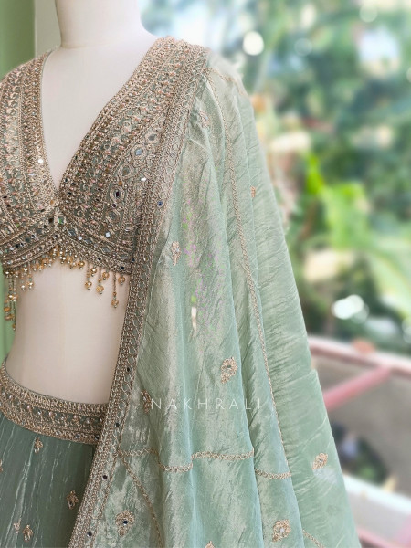 Moonfern Pista Green Crushed Tissue Silk Lehenga Set