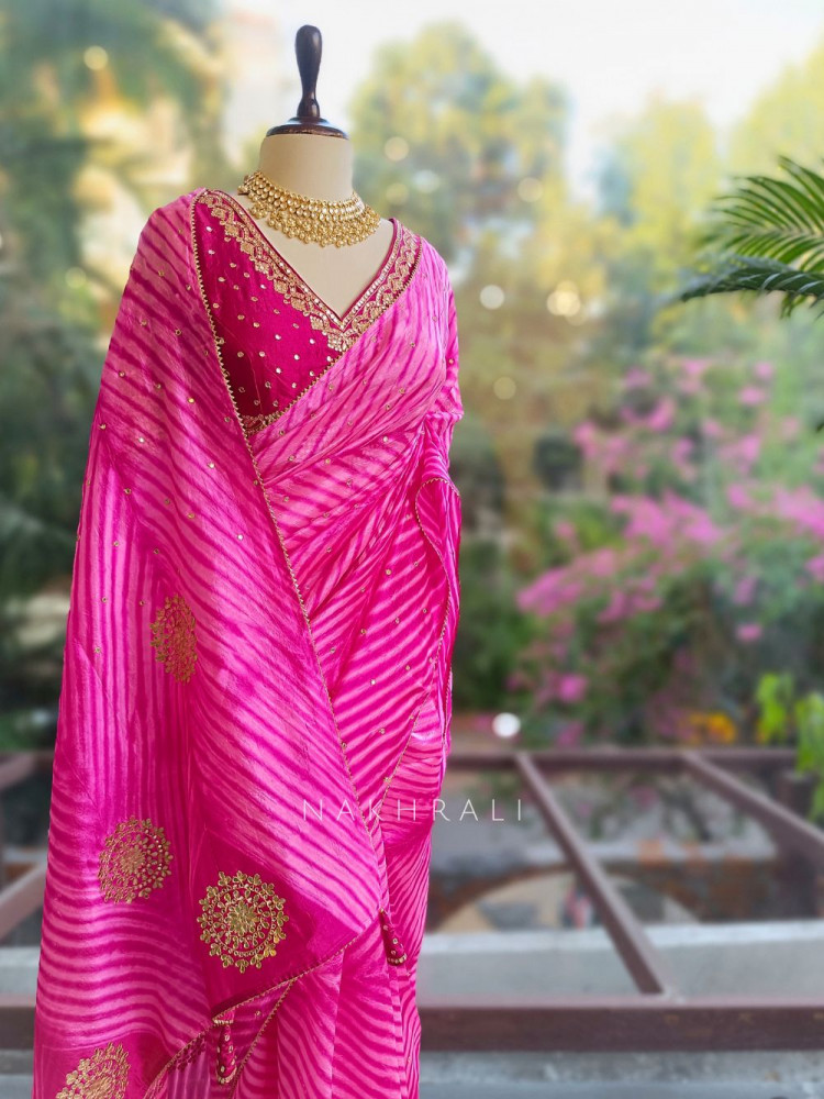 Image of Rangili Pink Leheriya Saree with Gota Work Blouse