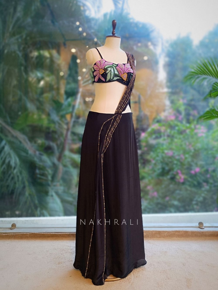 Image of Midnight Bloom Black Crepe Drape Saree with Cut Dana Work