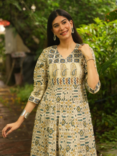 Amrit Cream Cotton Flared Kurta Pant Set