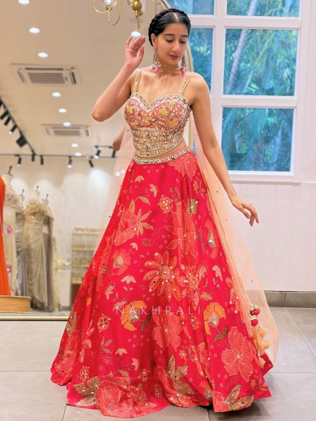 Gulab Magenta Floral Print Lehenga with Mirror Pearl Work