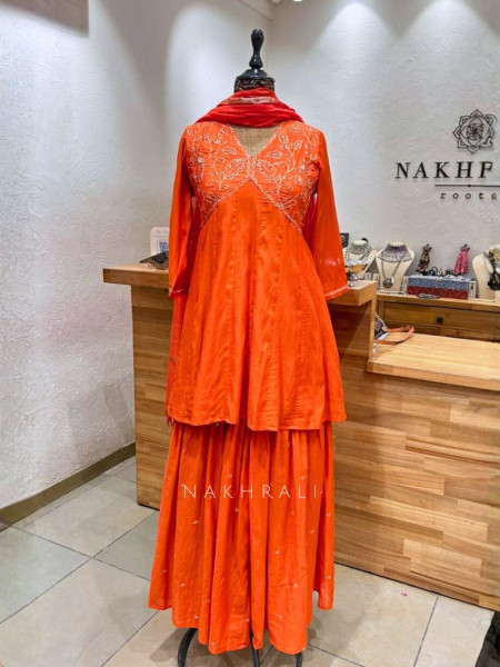 Kanira Orange Gharara Suit Set with Zari Detailing