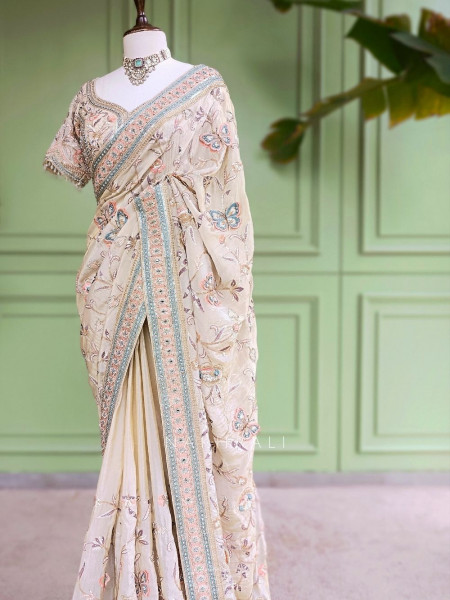 Sia Cream Saree with Butterfly Embroidered Blouse Work
