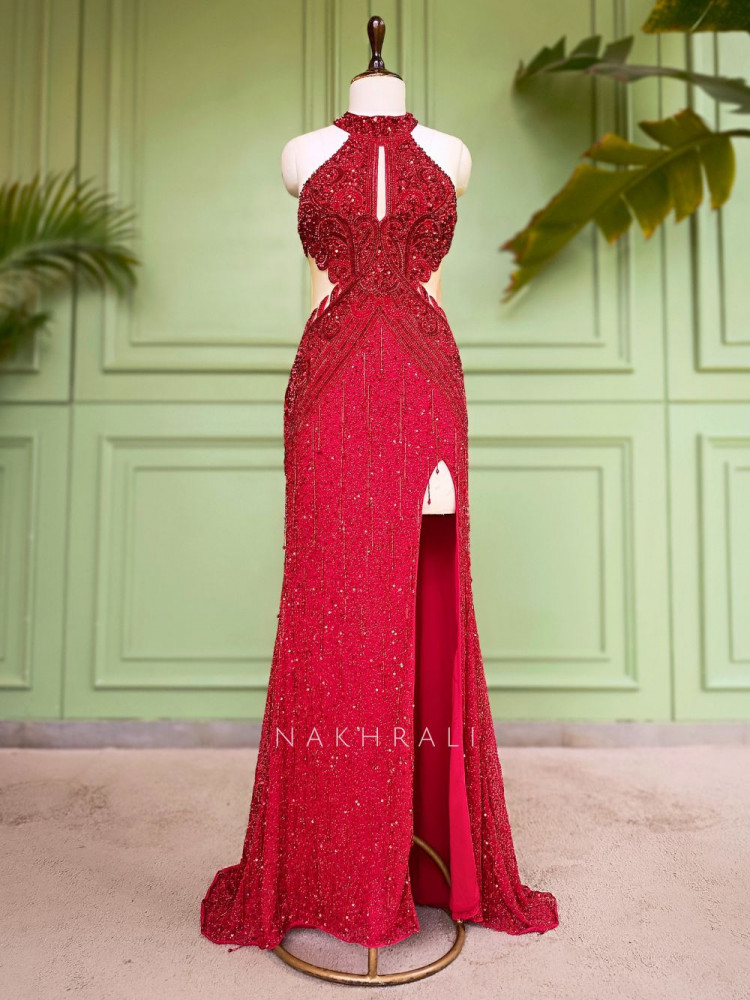 Image of Red Net Gown with Sequin and Cut Dana Work