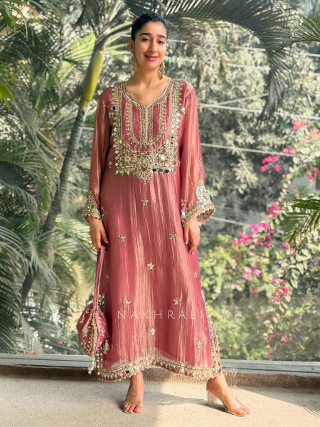 Poise Purple Tissue Long Dress with Mirror and Zari Work