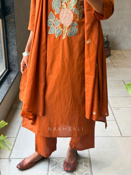 Tavira Orange Embroidered Floral Kurta Pant Set with Dupatta