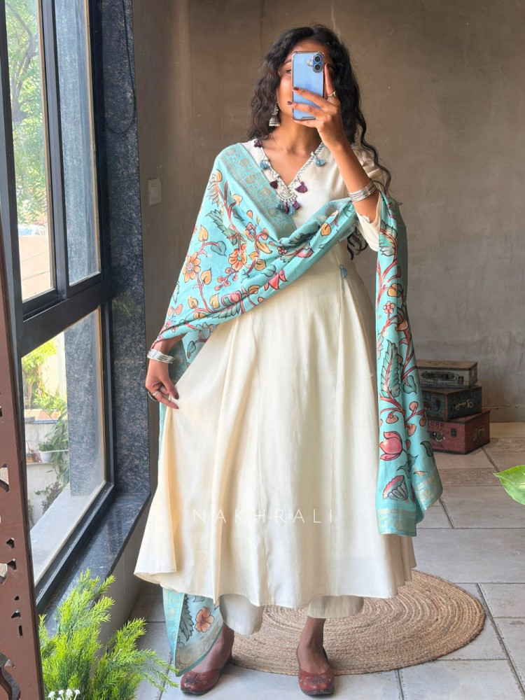 Image of Zyrika Beige Anarkali Suit Set with Floral Dupatta
