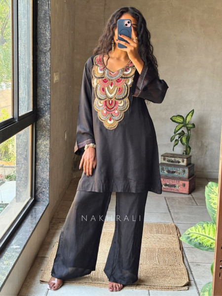 Zuri Black Chanderi Silk Kurta Palazzo Set