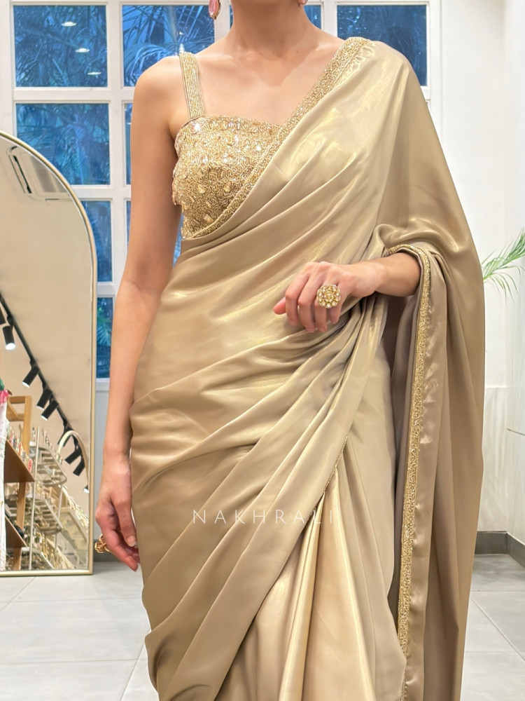 Image of Shamira Golden Saree with Readymade Blouse