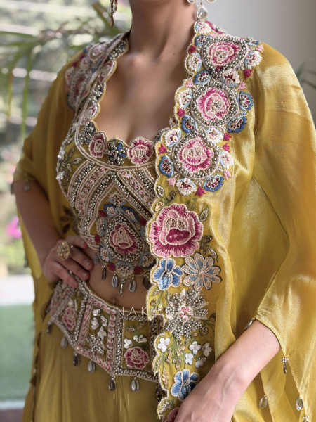 Arabesque Mustard Indo-Western Crop Top Palazzo Set with Cape Jacket