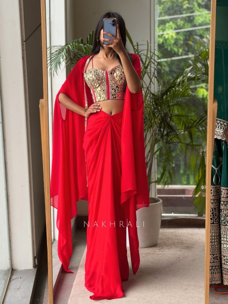 Glimmering  Red Georgette Crop Top Dhoti Skirt Set with Cape