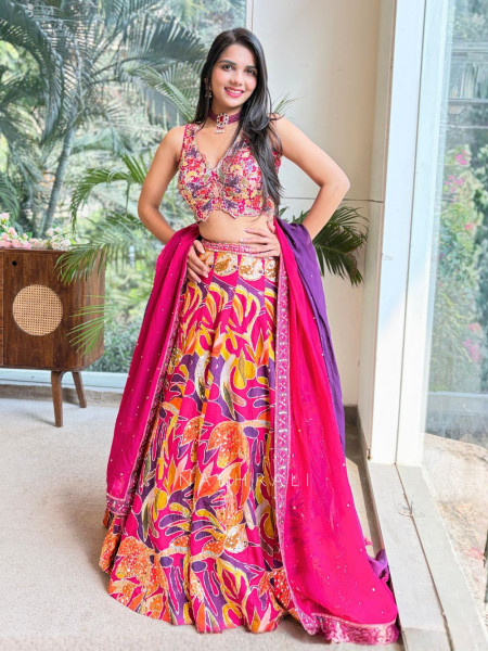 Zarina Magenta Silk Blend Lehenga Set with Sequin & Cut Dana Work