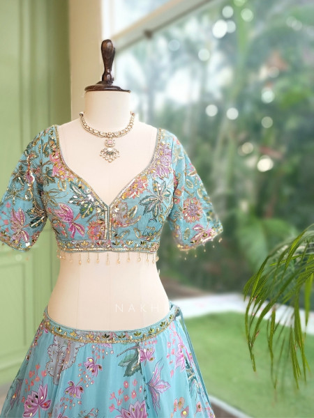 Ethereal Firozi Organza Silk Lehenga Set