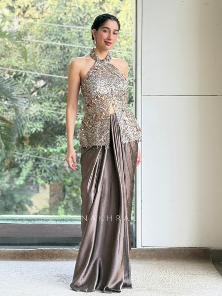 Mink Metallic Grey Indo-Western Peplum Draped Skirt Set
