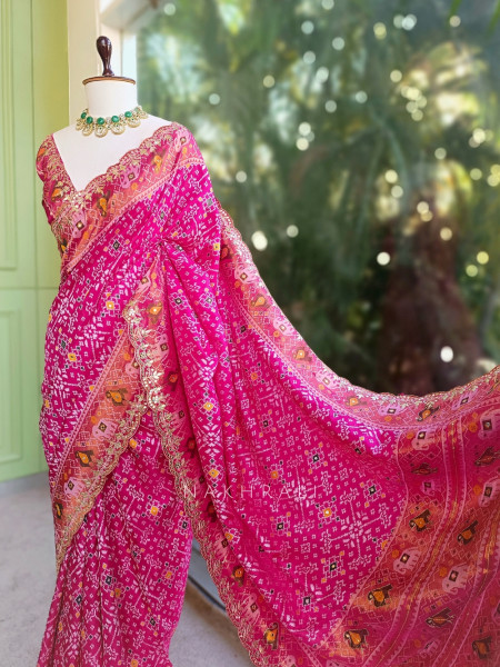 Zoraya Pink Patola Saree with Elephant Motif Border