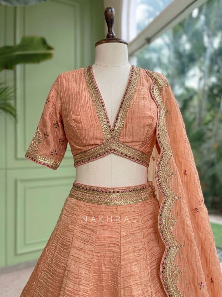 Mehrab-Noor Peach Tussar Lehenga