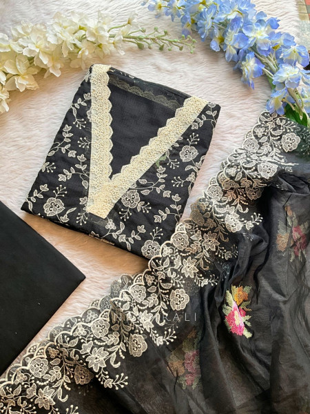 Charulata Black Jute Cotton Dress Material with Thread Embroidery