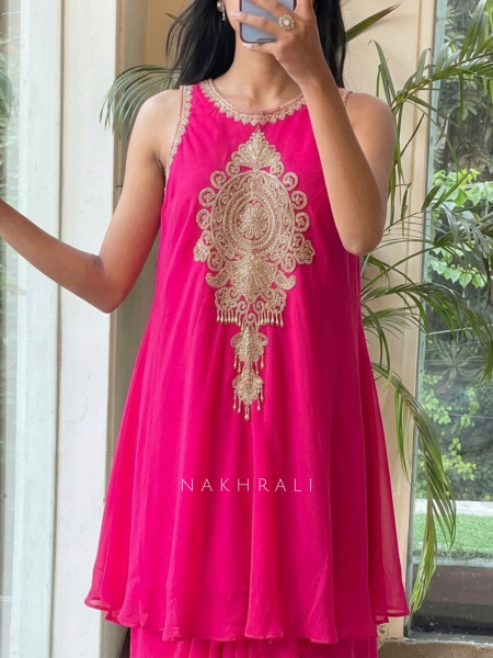 Royal Shield Magenta Viscose Georgette Indo-Western Drape Skirt Set