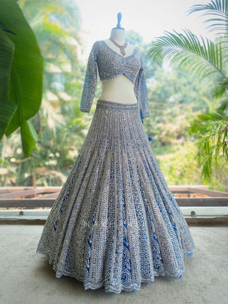 Rivarka Royal Blue Mirror and Bead Embroidered Bridal Lehenga