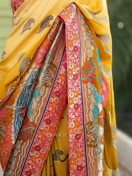 Gulzar Yellow Dola Silk Printed Saree with Brocade Border