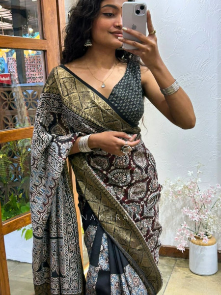 Earthbound Black Dola Silk Ajrakh Printed Saree