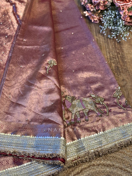 Vraj Ras Wine  Banarasi Tissue Silk Saree – Hand Embroidery & Zari Border