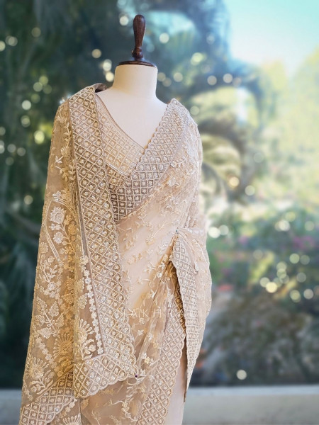 Ivory Sand Embroidered Net Saree with Readymade Blouse