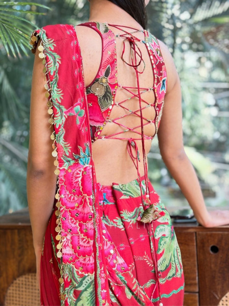 Vallari Maroon Floral Drape Saree Set