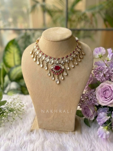 Kumundan Red Necklace Set With Stone & Teardrop Detailing