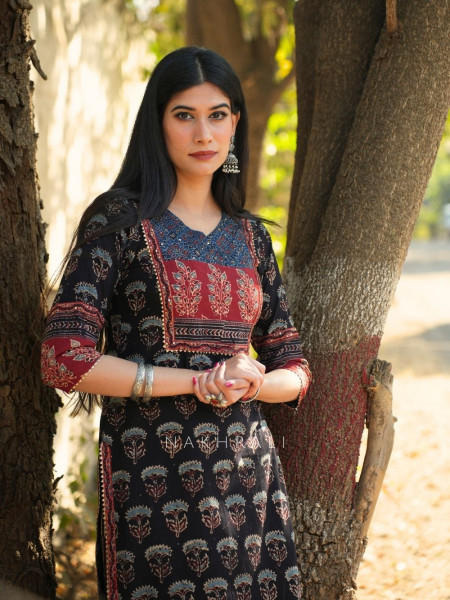 Niloufar Black Cotton Kurta with Sequin Patch Work