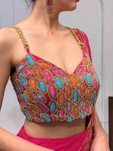 Meira Magenta Embroidered Drape Saree