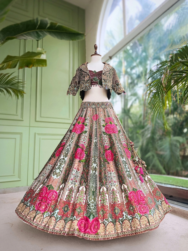 Image of Wildrose Green Indo-Western Jacket Lehenga