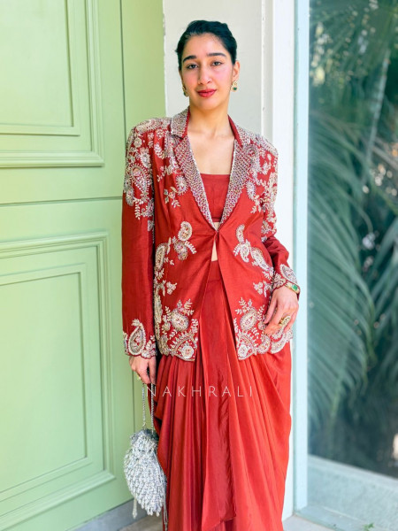 Velira Rust Embroidered Crop Top Skirt Set with Jacket