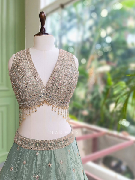 Moonfern Pista Green Crushed Tissue Silk Lehenga Set