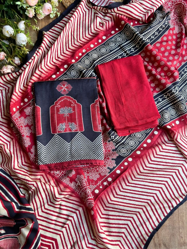 Image of Aarohi Maroon Cotton Silk Printed Dress Material