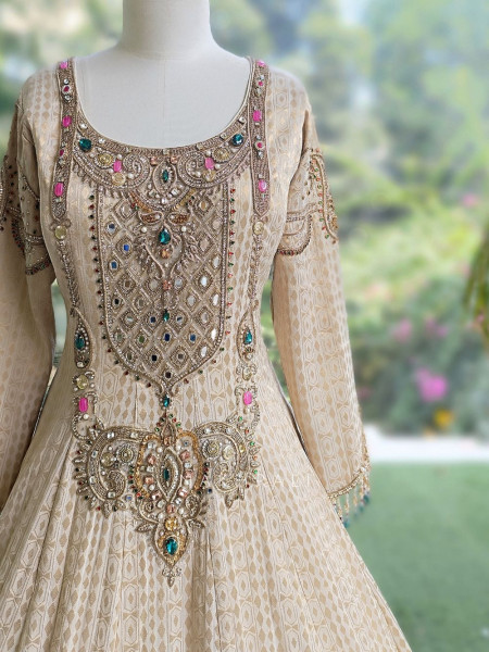 Ratna Cream Banarasi Silk Anarkali Suit Set with Green Border & Zardozi Mirror Work