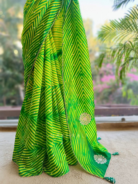 Rangili Green Leheriya Saree with Gota Work Blouse