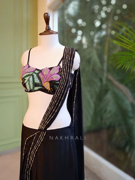 Midnight Bloom Black Crepe Drape Saree with Cut Dana Work