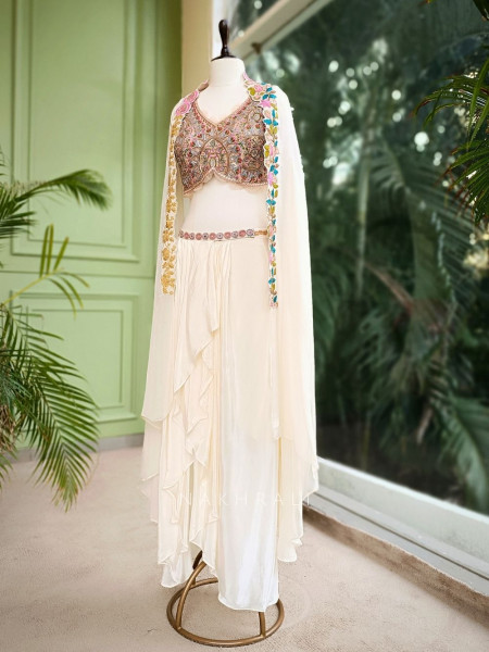 Ivory Crop Top and Skirt Set with Embroidered Cape