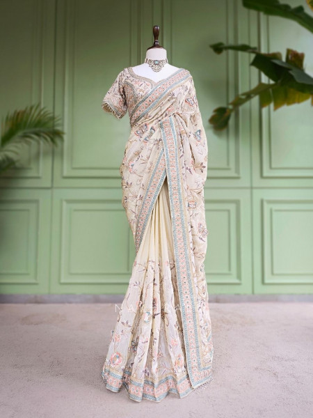 Sia Cream Saree with Butterfly Embroidered Blouse Work