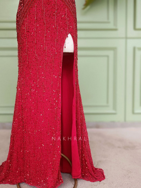 Red Net Gown with Sequin and Cut Dana Work