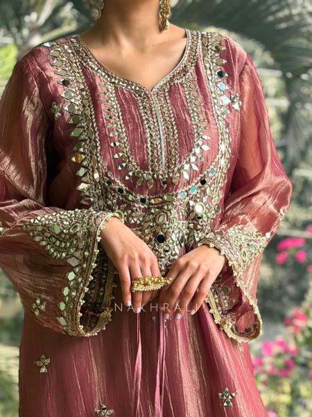 Poise Purple Tissue Long Dress with Mirror and Zari Work