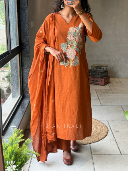 Tavira Orange Embroidered Floral Kurta Pant Set with Dupatta