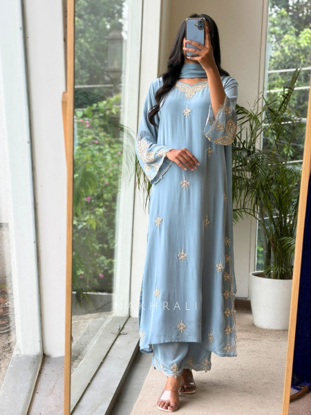 Suvira Grey Georgette Straight Suit Set