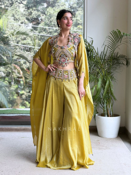 Arabesque Mustard Indo-Western Crop Top Palazzo Set with Cape Jacket