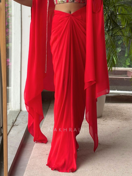Glimmering  Red Georgette Crop Top Dhoti Skirt Set with Cape