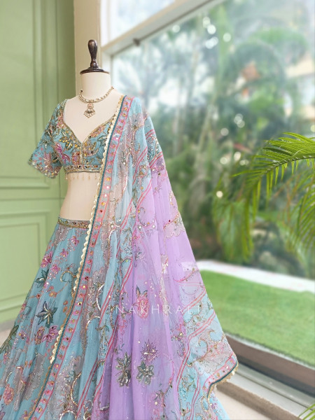 Ethereal Firozi Organza Silk Lehenga Set