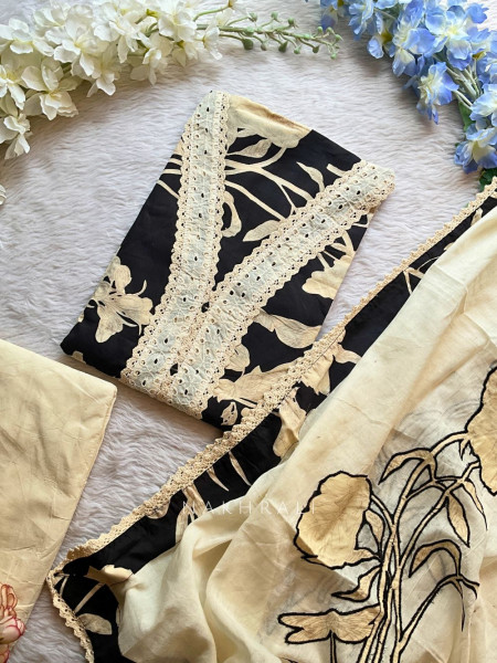 Kavya Black Cotton Dress Material with Printed Dupatta